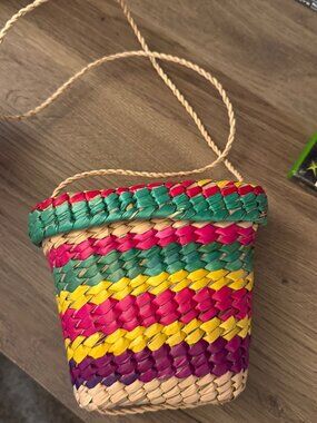 Vintage Handmade Woven Straw Basket Purse Mini Colorful Tote Bag